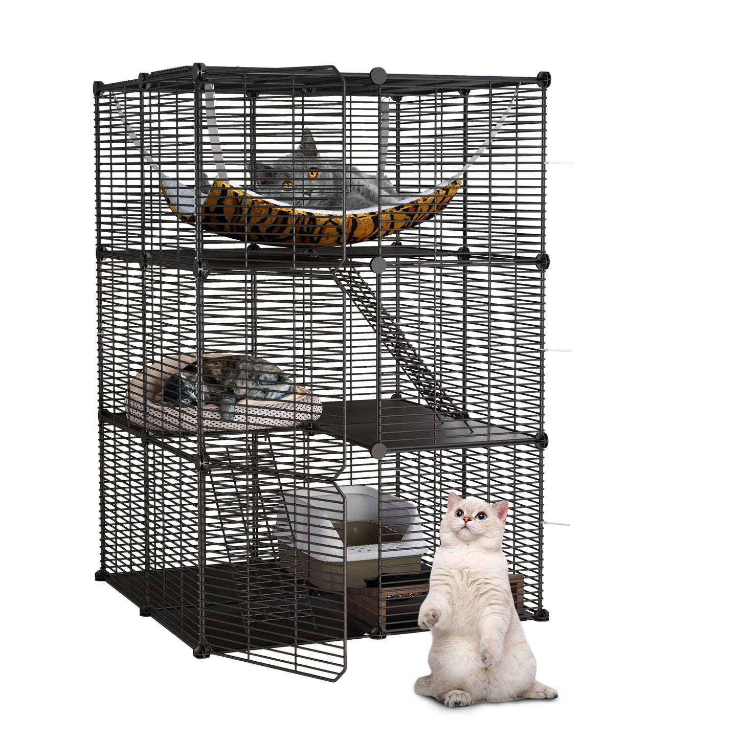 41" Large 3-Tier Cat Cage with Extra Large Hammock - Indoor Pet Playpen for 1-2 Cats, Black