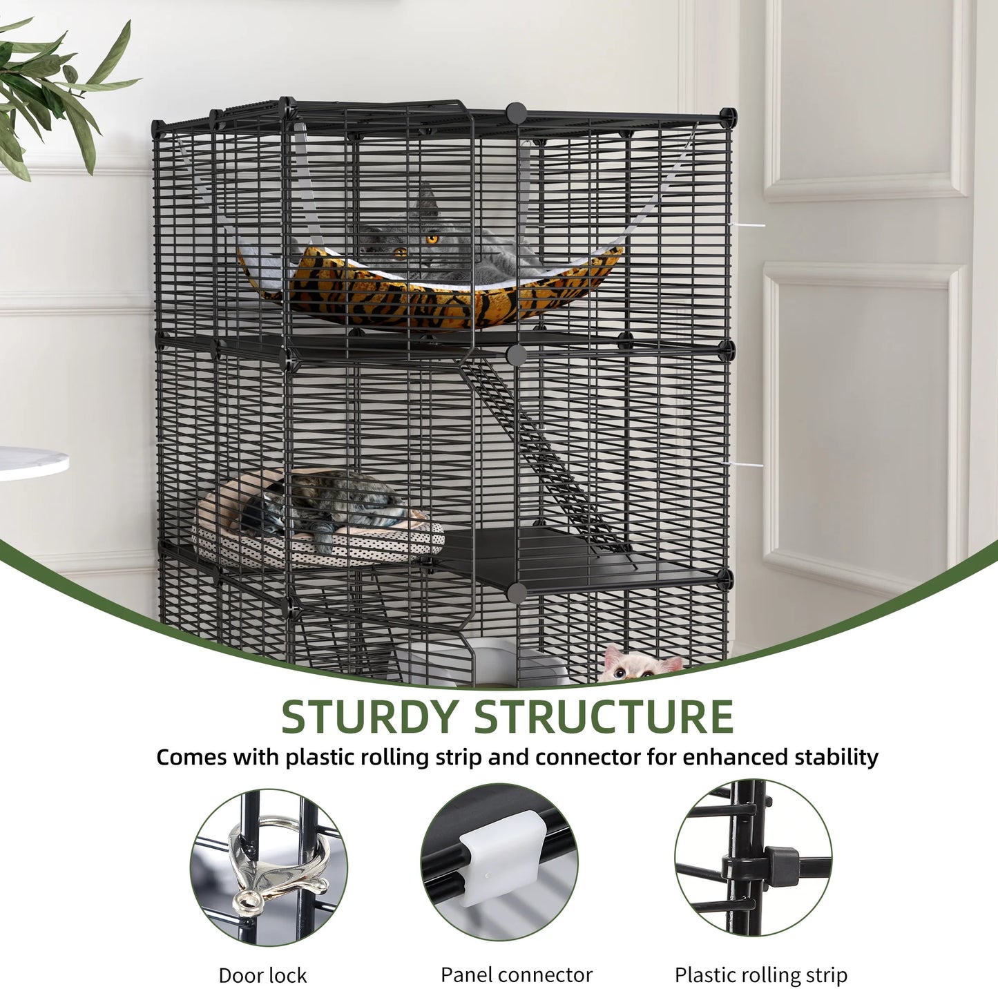 41" Large 3-Tier Cat Cage with Extra Large Hammock - Indoor Pet Playpen for 1-2 Cats, Black