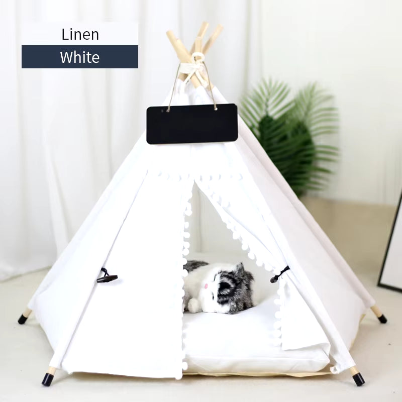 Pet Teepee Tent for Cats and Dogs Portable Removable Washable Dog House Indoor Puppies House with Cushion and Blackboard Cat Bed