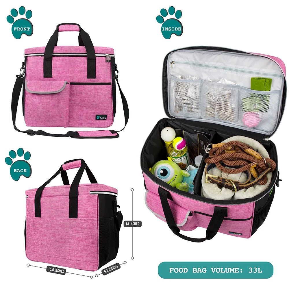 Dog Travel Bag, Travel Pet Bag Organizer, Dog Food Travel Bag with Food Container and Bowls, Dog Travel Supplies Gift Accessories for Weekend Camping, Dog Cat Diaper Bag (Pink, Large)