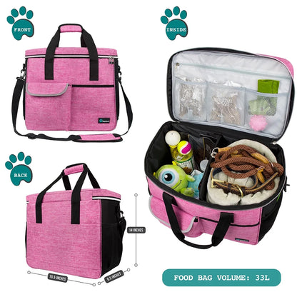 Dog Travel Bag, Travel Pet Bag Organizer, Dog Food Travel Bag with Food Container and Bowls, Dog Travel Supplies Gift Accessories for Weekend Camping, Dog Cat Diaper Bag (Pink, Large)