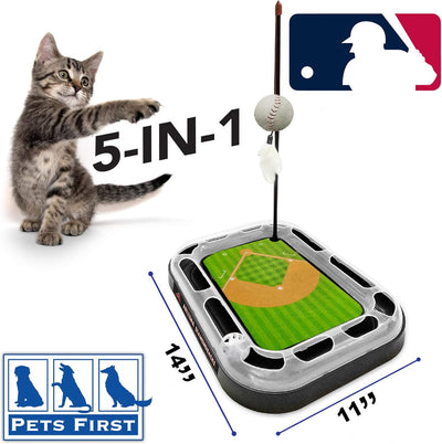 Cat Scratching Toy MLB ARIZONA DIAMONDBACKS Baseball Field Cat Scratcher Toy with Interactive Cat Ball Bell in Tracks. 5-In-1 CAT TOY: Cat Wand Poll with CATNIP FILLED Plush Baseball & Feathers.