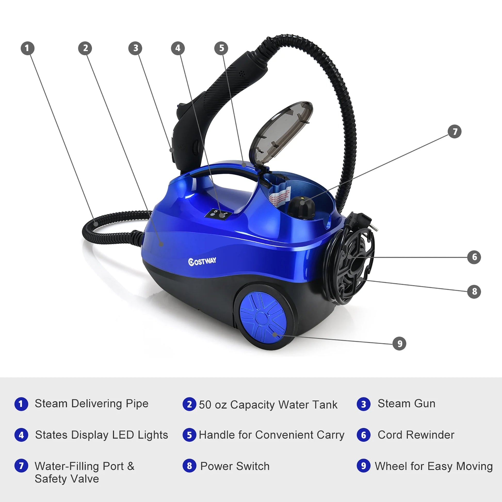 2000W Heavy Duty Steam Cleaner Mop Multi-Purpose W/19 Accessories Blue